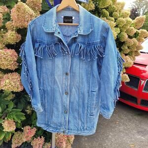 Vintage Learsi 90's Denim Jacket Fringe Yoke Arms 100% Cotton Faded size Small